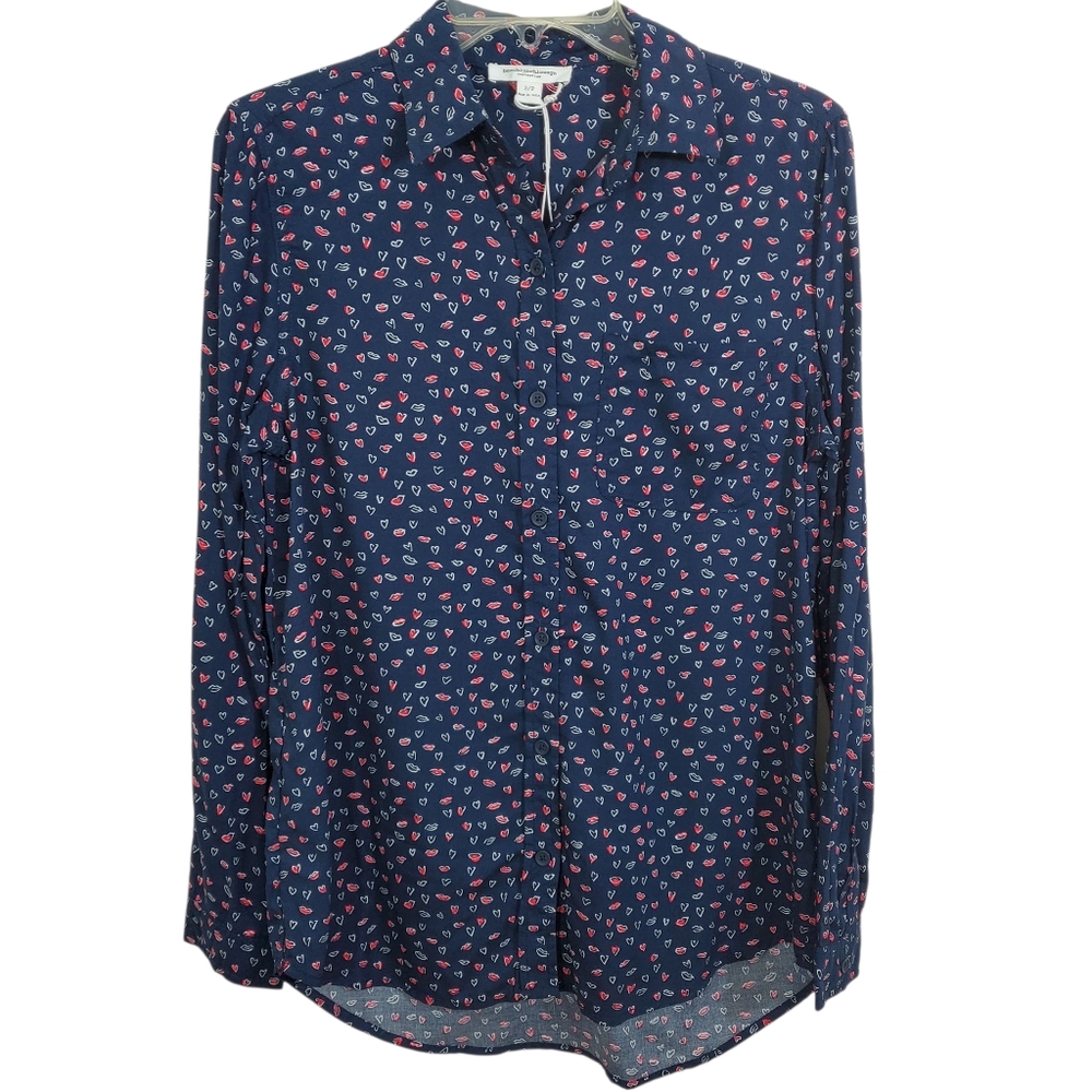 NWT Beachlunchlounge Alanna Shirt Heart Love Print Blue Size Small Button Down
